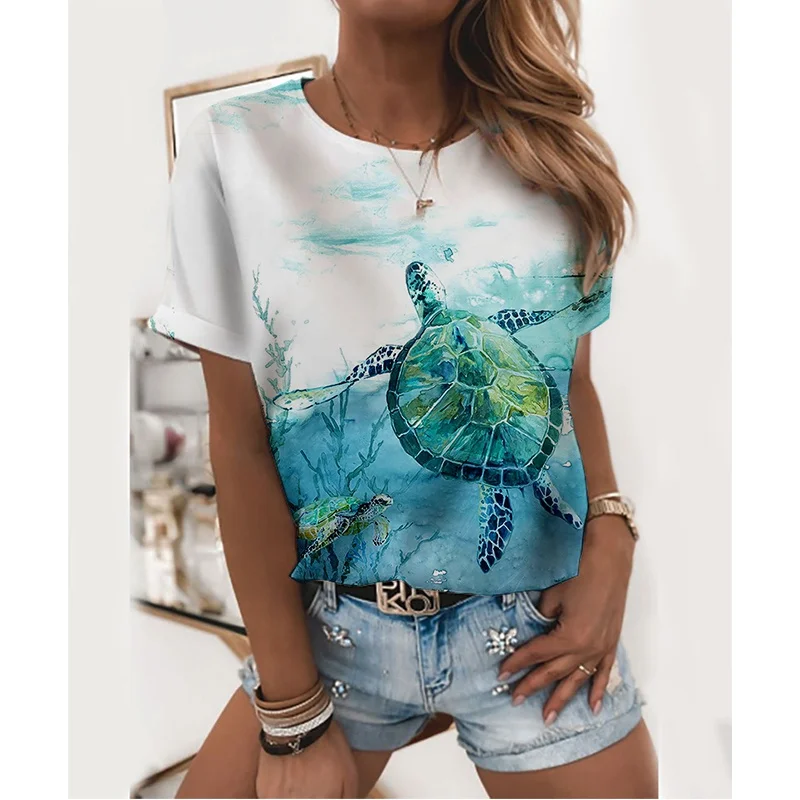 

3D turtle print T-shirt with underwater world landscape for women, spring and summer, with o-neck, casual, loose top, XXS-6XL, suitable for elegant middle-aged and old women.