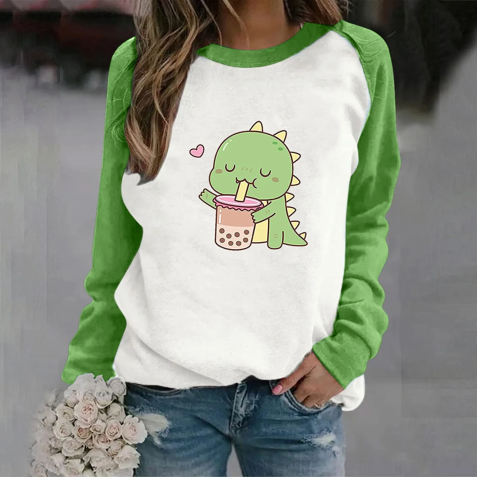 

Womens Casual Long Sleeve Crew Neck Cartoon Dinosaur Letter Printed Pullover Hoodless Sweatshirts Fit Blouse Comfy Sweatshirt