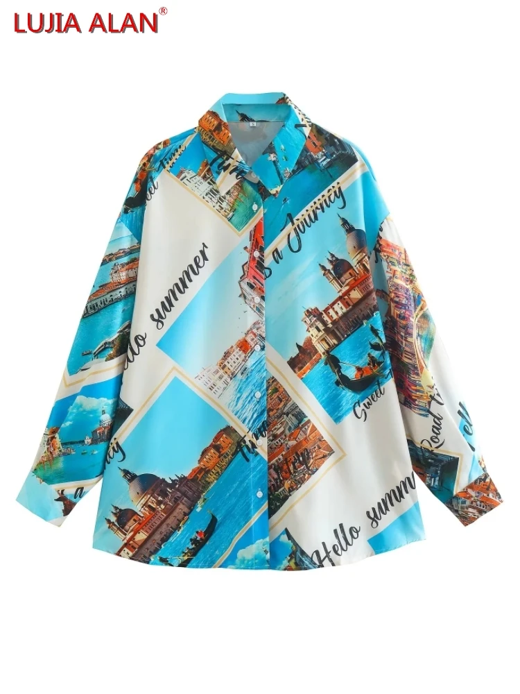 

Новые женские повседневные свободные рубашки с отложным воротником и длинным рукавом с принтом пейзажа, LUJIA ALAN B921