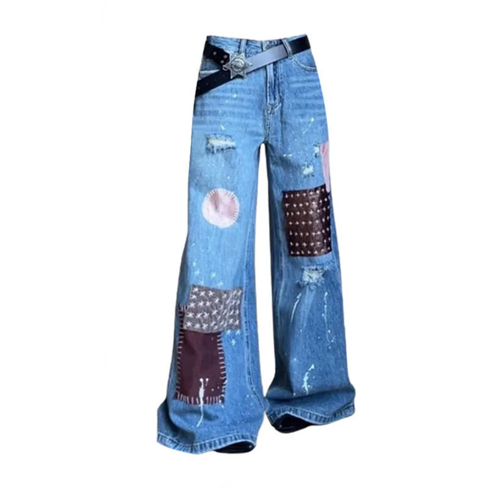 Уличная одежда Американские синие женские джинсы с высокой талией Винтажные