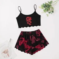 new chinese dragon element printed suspender top and bow decorative shorts home clothes set pyjamas women sleepwear