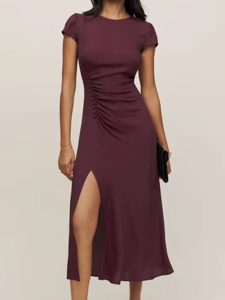 

Women Side Buttons Draped Wine Red Chiffon Dress Short Sleeve Female Sexy Slits Summer Vintage Long Dress French Style Robe