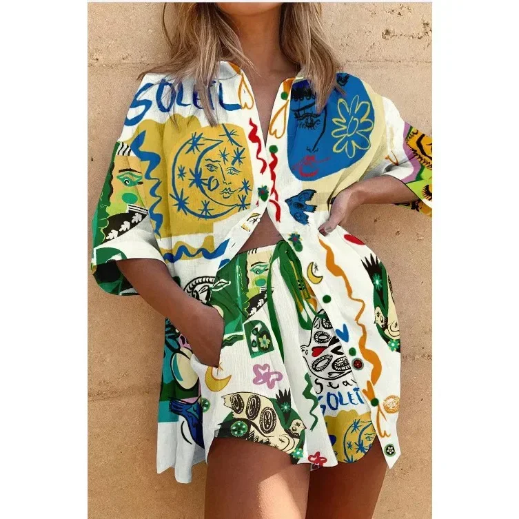 Повседневный комплект рубашки с коротким рукавом и принтом животных Женский