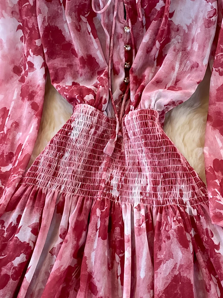 Женское винтажное платье макси с воланом длинное принтом воротником-стойкой и