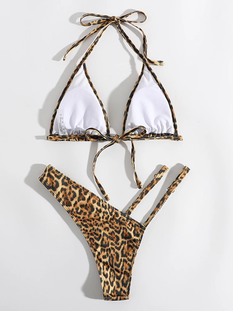 Бикини с леопардовым принтом In-X треугольный купальник лямкой на шее женские