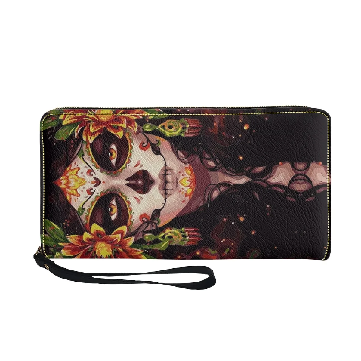 skull pattern print women's luxury brand wallet PU Leather multifunction cardholder coin Wallets With Strap carteras de mujer