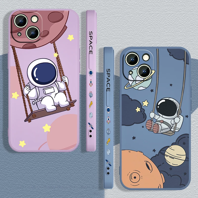 

Cartoon Cute Astronaut For Apple iPhone 13 12 Mini 11 Pro XS MAX XR X 8 7 6S Plus Liquid Left Rope Phone Case Cover Capa Coque