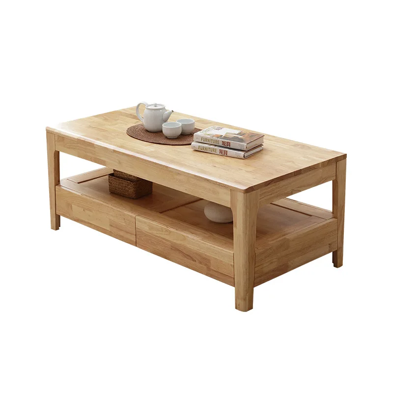 

Nordic Living Room Solid Wood Coffee Table Rubber Wood Furniture Four Pumping Storage Square Table