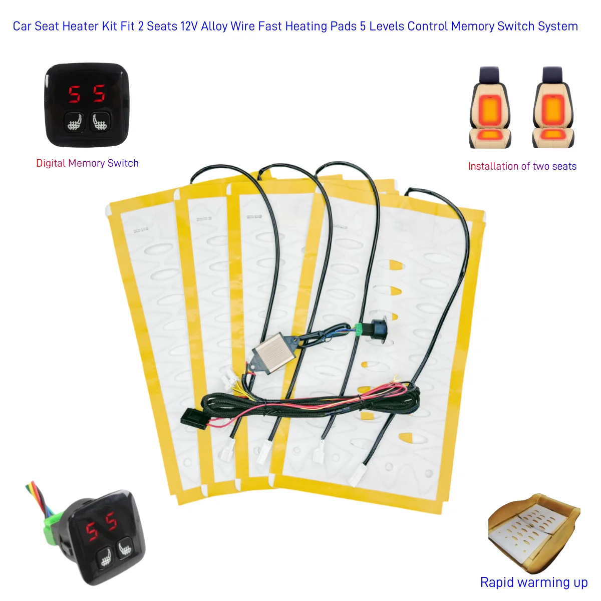 Универсальный 12 В, 2 места, 4 подушечки, легированная проволока, подогрев сидений, обогрев сидений, 12 В, 5-уровневый цифровой переключатель, зимние теплые чехлы на сиденья
