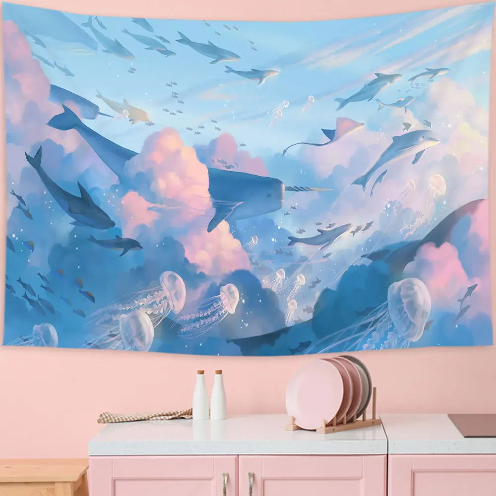 Гобелен с мультяшным небом дельфином настенный гобелен розовыми облаками и