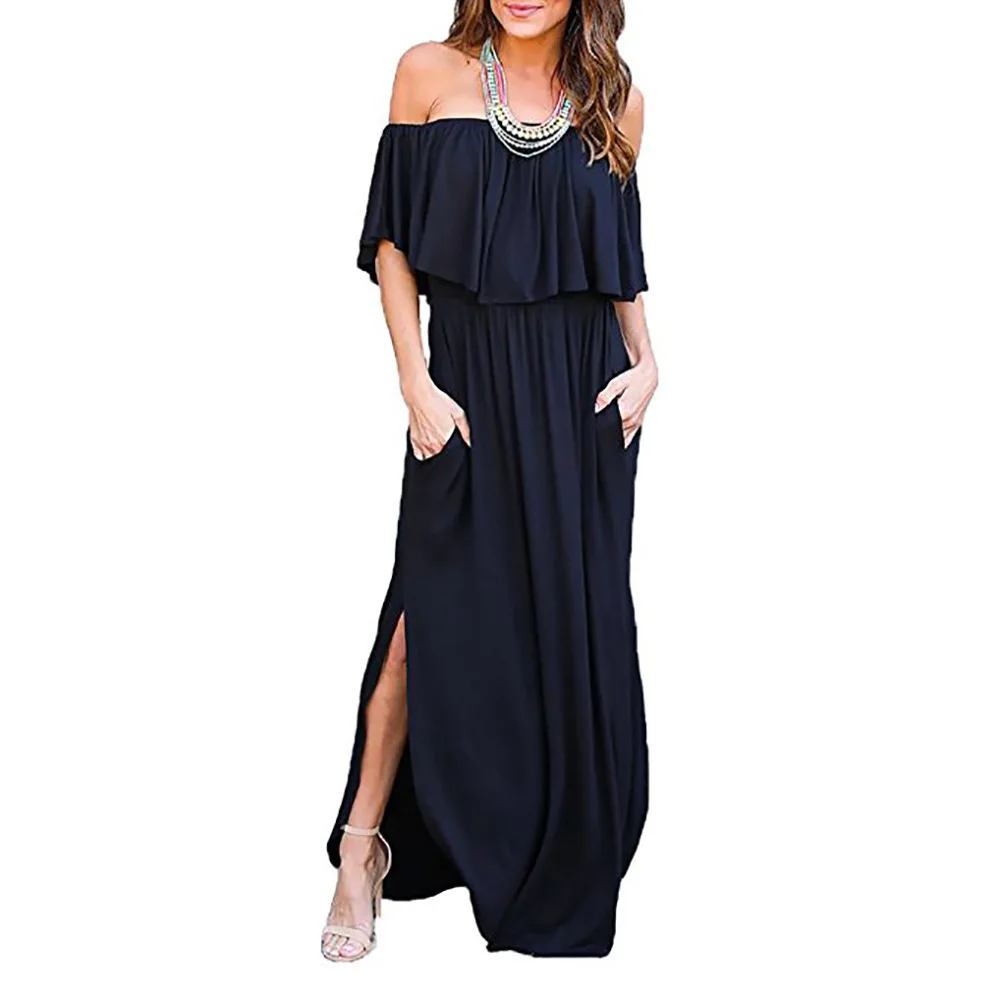 

2023 spring and summer ruffle off shoulder long women's pocket dress