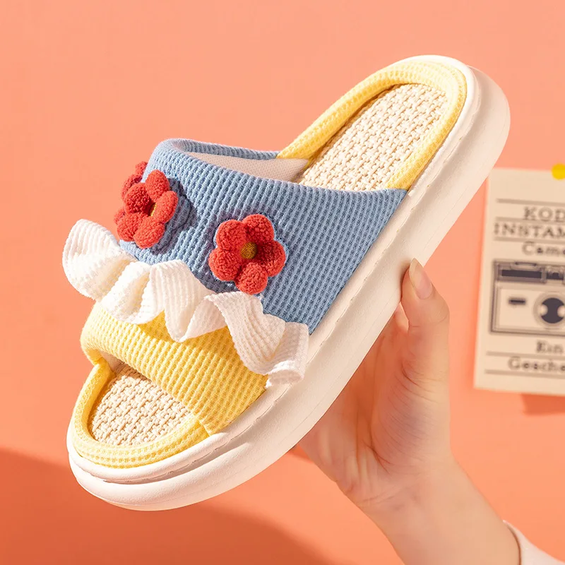 

2022 Spring Autumn Summer Cotton Slippers Women three-dimensional flowers ruffles Indoor Home Slippers Slip On Non Slip Shoes