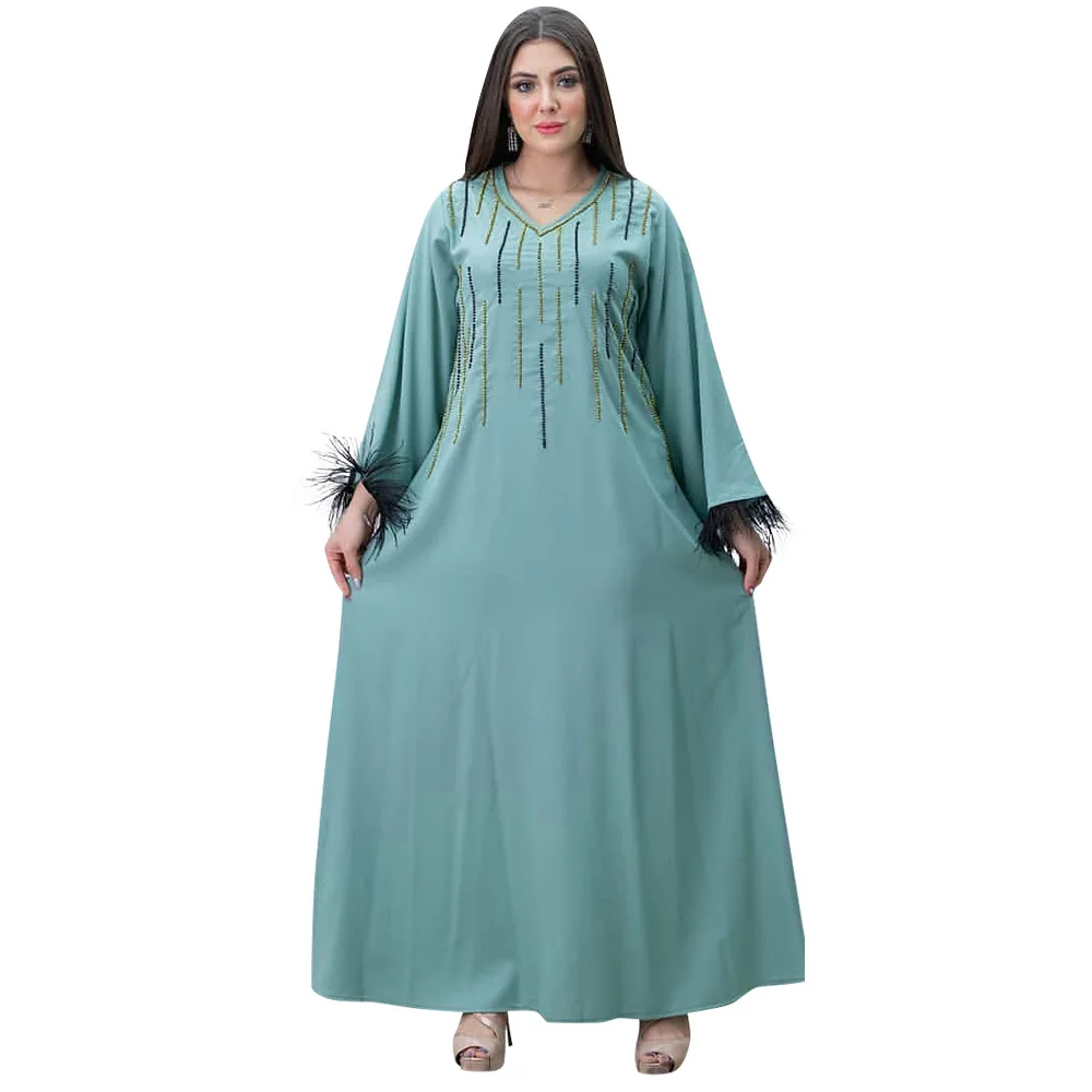 

Abaya Dress 2023 Spring Summer Muslim Women Long Sleeve V-neck Polyester Green Long Abaya Muslim Fashion Dresses