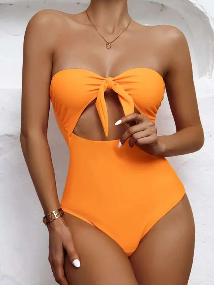 

2022 Bow One Piece Bikini Women Sexy Tube Top Swimsuit Summer Solid Swimwear Beach Style Bathing Suit