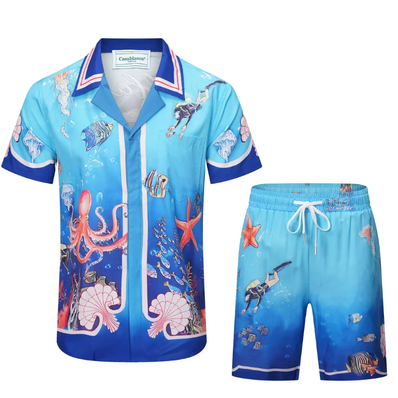 

23SS Casablanca T-shirt Shorts Underwater world Print Men Women1:1 Short Set T Shrt Hawaii Beach Style Suit Hip Hop Shirt