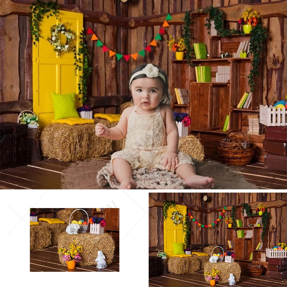 

Spring Easter Backdrop Rabbits Eggs Wooden Board Hay Bunny Flowers Background Children Newborn Baby Party Decor Studio Props