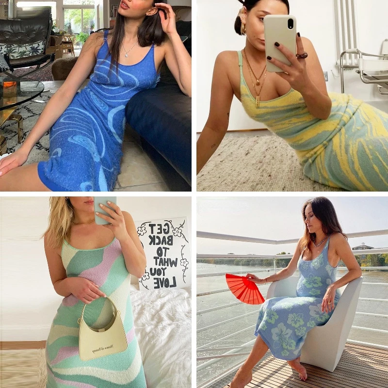 

2022 European and American new women's personalized design vortex knitted tie dye halter belt dress dress