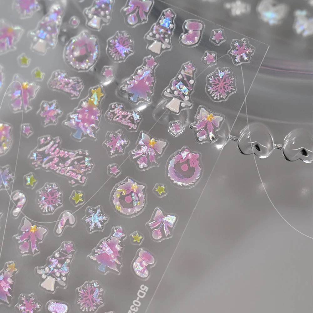 1Pcs 5D Aurora Shell Butterfly Nail Sticker Ice-Transparent Pink Purple Butterfly/Snowflake Decal DIY Xmas Slider