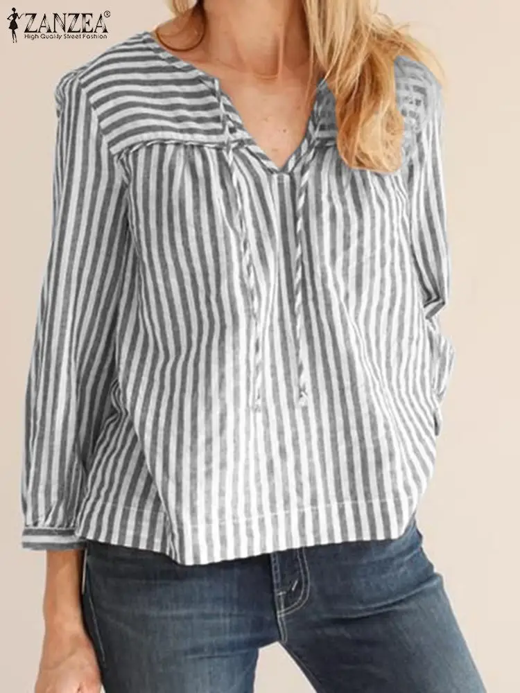 

ZANZEA Autumn Striped Blouse Women V Neck 3/4 Sleeve Casual Shirt Female Holiday Blusas Chemise Bohemian Beach Tops Oversize