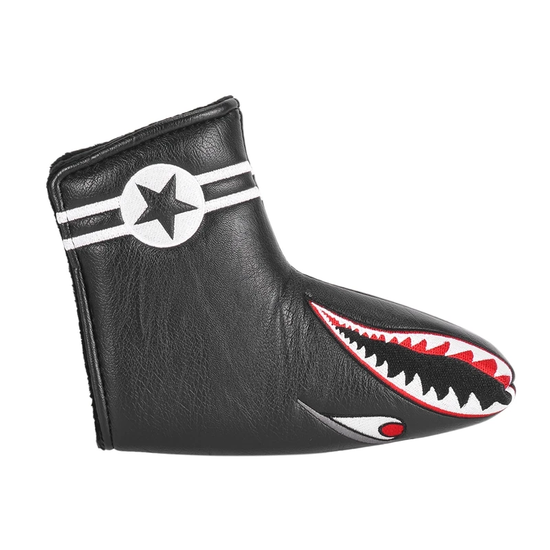 

1Pc Black PU Leather With Shark Embroidery Magnet Golf Blade Putter Head Cover Golf Club Putter Headcover