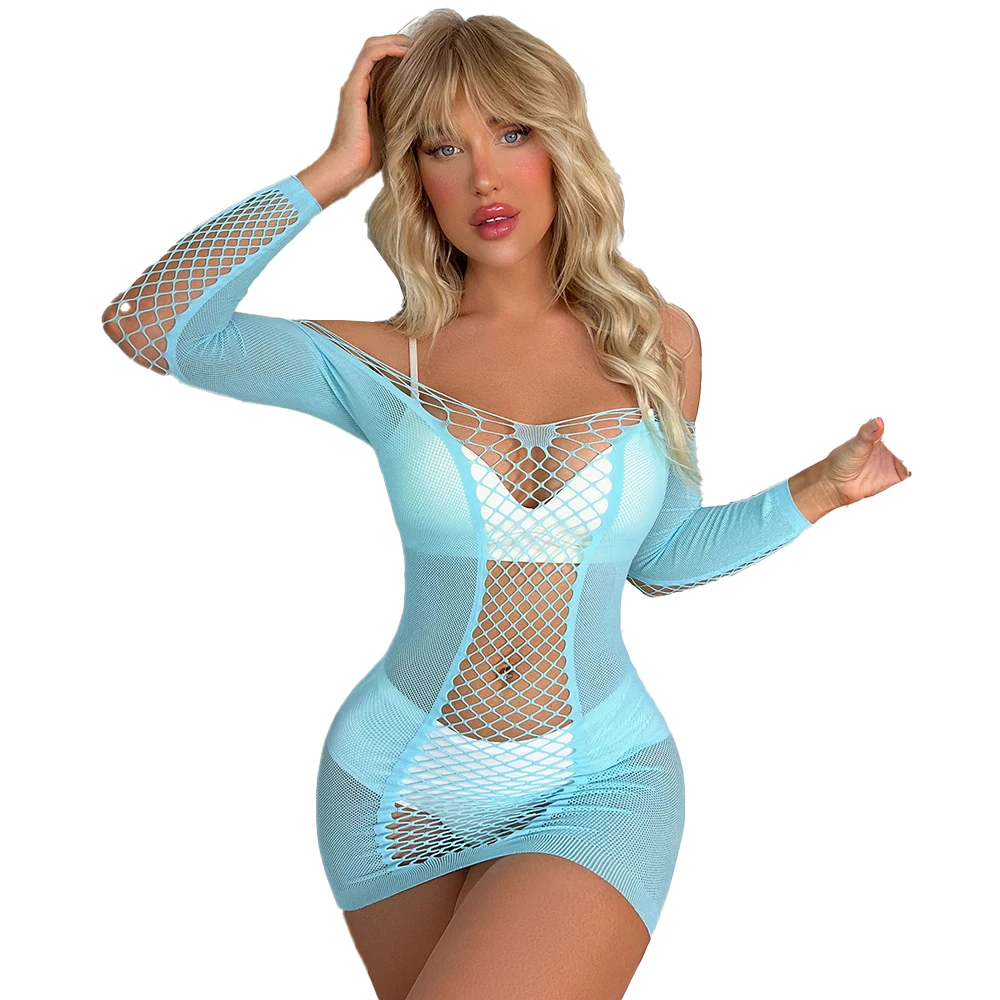 

Sexy One Piece Mesh Dress Women See Through Hollow Out Long Sleeve Fishnet Mini Bodycon Dresses Summer Beach Cover Up