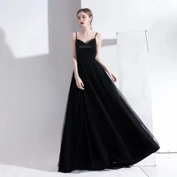 black sexy evening dresses a line satin v neck spaghetti straps floor length sleeveless party maid of honor gowns robe de soir%c3%a9e