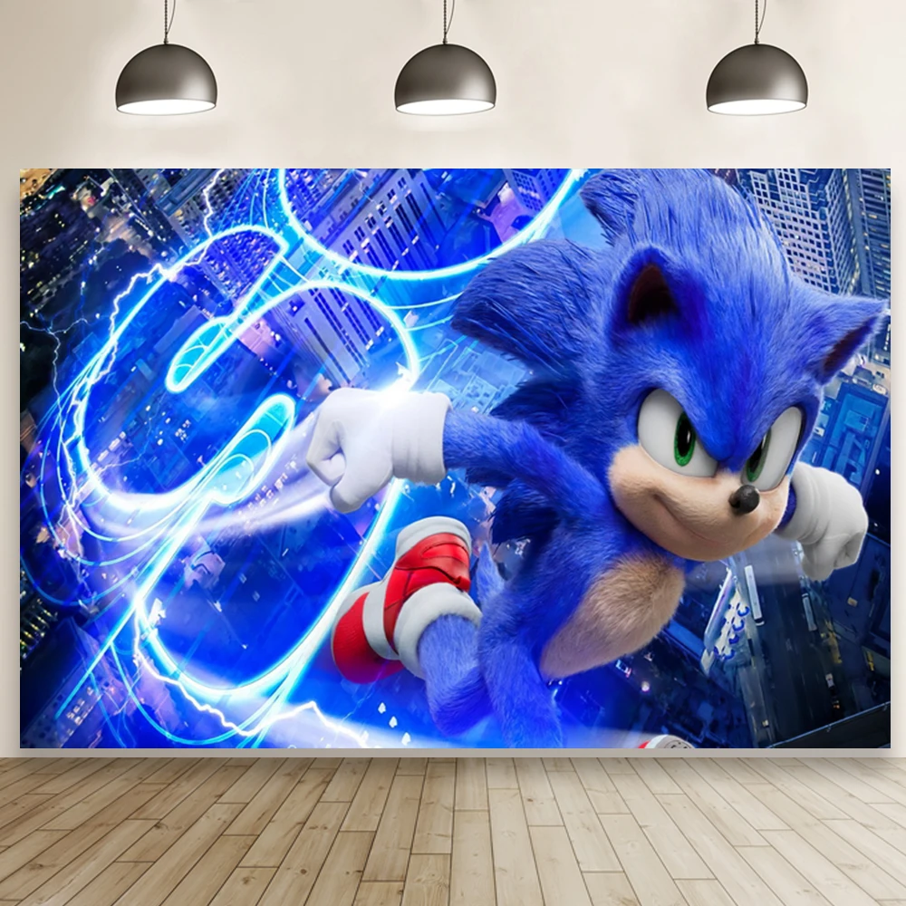 

Blue Running Sonic City Buildings Background Photography Baby Shower Boy Birthday Party Cartoon Backdrops Cake Table Banner