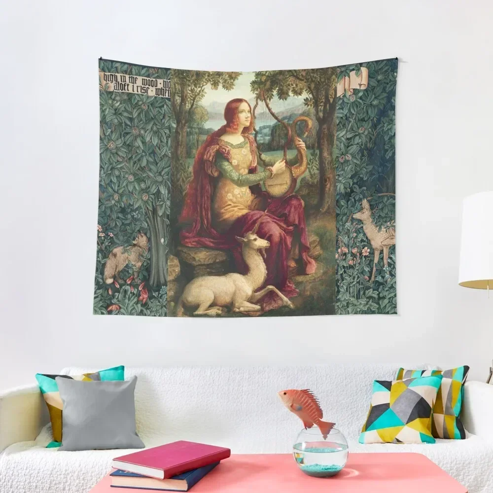 Гобелен с изображением единорога и леди лесных животных лисы Зеленый цветочный