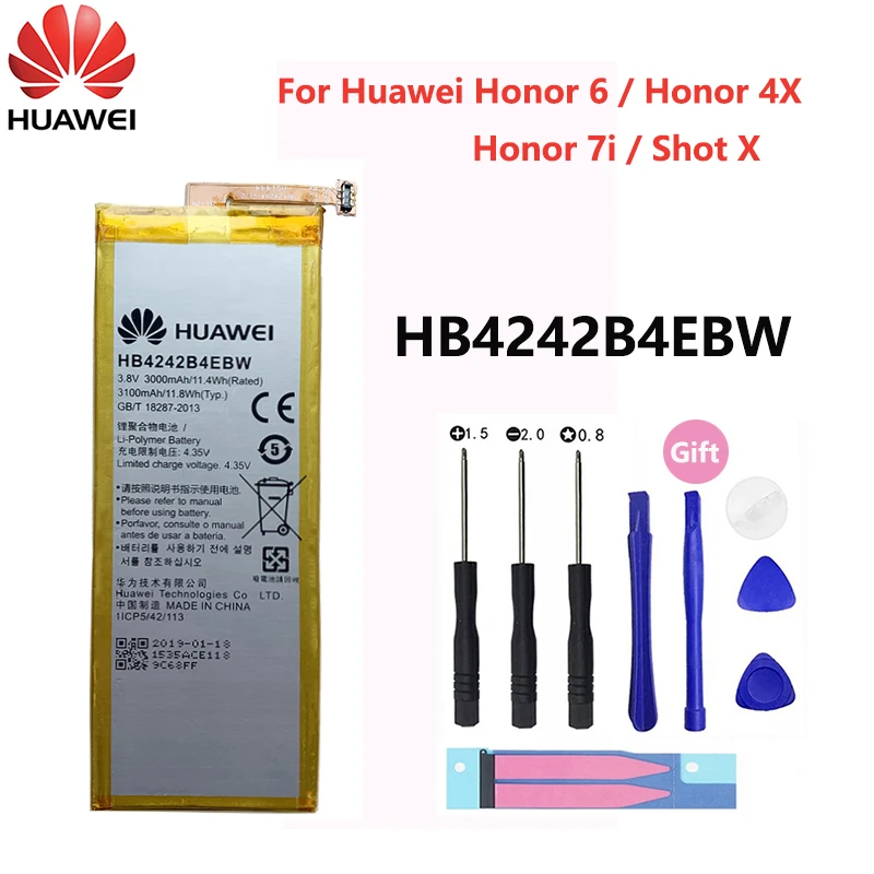 

100% оригинальный сменный аккумулятор Hua Wei HB4242B4EBW для Huawei Honor 6 / Honor 4X / Honor 7i / Shot X ShotX 3000 мАч