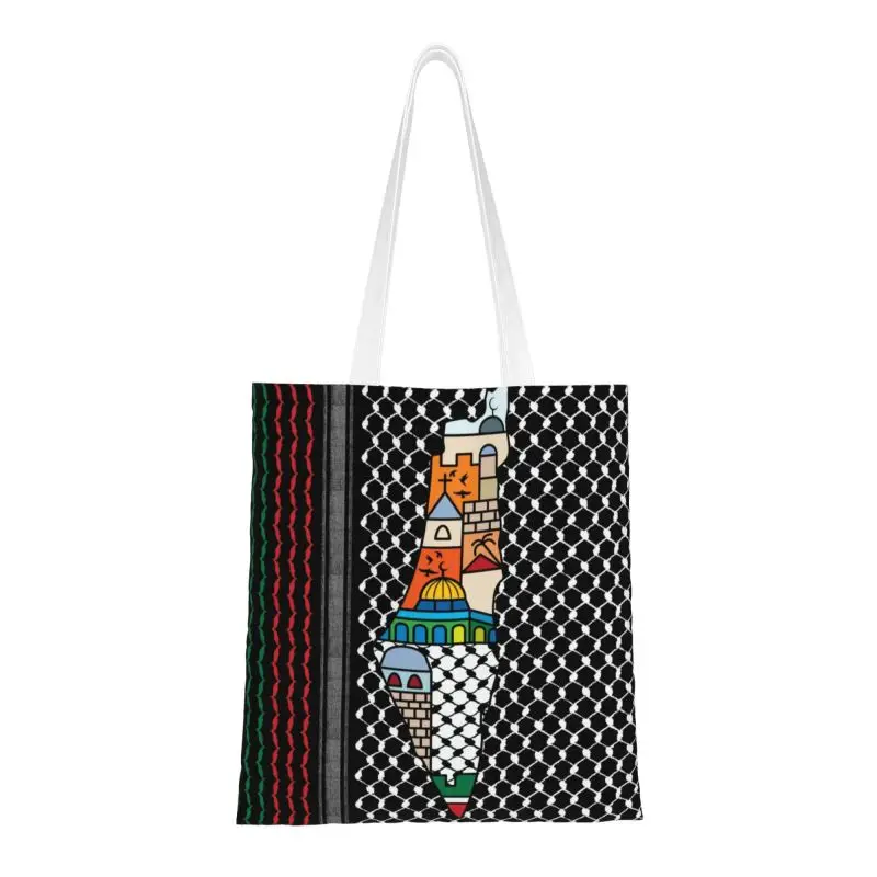 

Palestinian Map With Kufiya Hatta Pattern Shopping Tote Bag Reusable Palestine Jerusalem Canvas Groceries Shoulder Shopper Bag