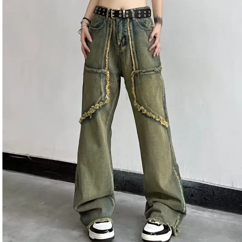 Spring and Autumn Fleece High Waist Jeans Women's Straight Loose Large Pockets Made of Old Floor Pants Wide Leg Pants Versatile