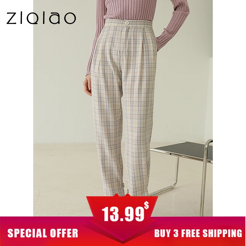 

ZIQIAO Women Plaid Casual Straight Suit Pants