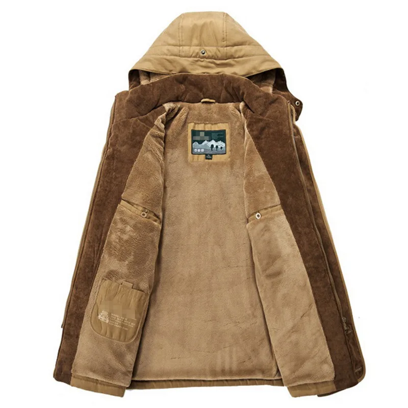 Solid Color Mens Parkas Jackets Hooded Thick Fleece Military Coat Fur Collar Warm Windbreaker Casual Outdoor Parka Overcoat Men