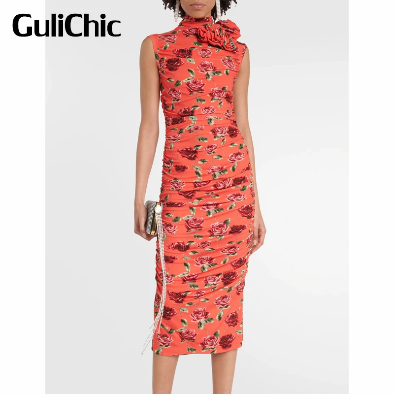 7.7 GuliChic Women Fashion Vintage 3D Rose Flower Print Ruched Slim Package Hip Sleeveless Stand Collar Dress