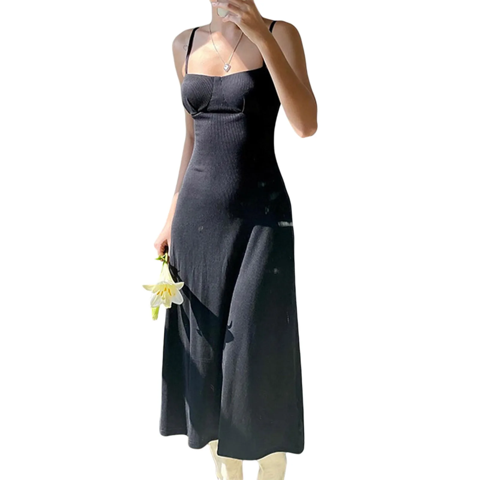 

Women Sling Dress Spaghetti Straps Solid Summer A-line Dress for Beach Vacation