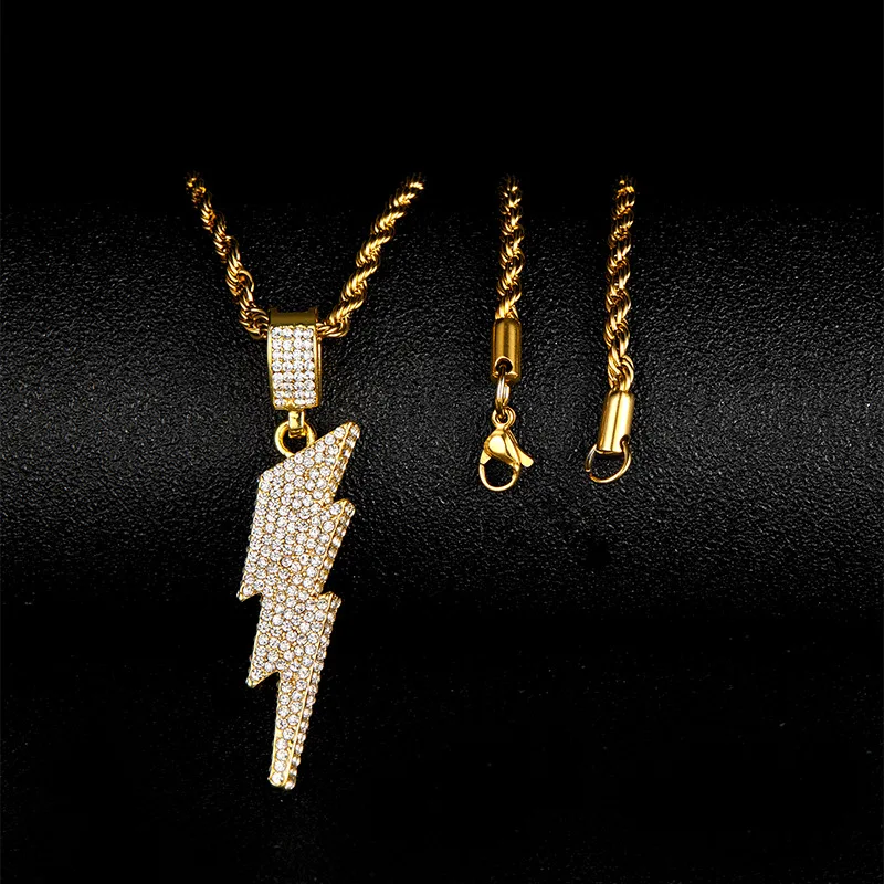 

Men Women Hip Hop Lightning Pendant Necklace13mm with Crystal Cuban Chain HipHop Iced Out Bling Necklaces Fashion Charm Jewelry