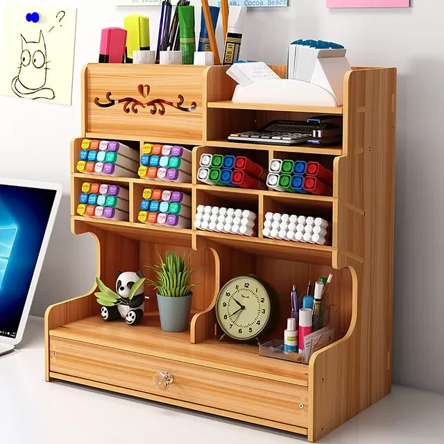 

Wooden Desk Storage Drawer Desktop Pen Holder Office School Stationery Storage Stand Desk Pen Pencil Organizer