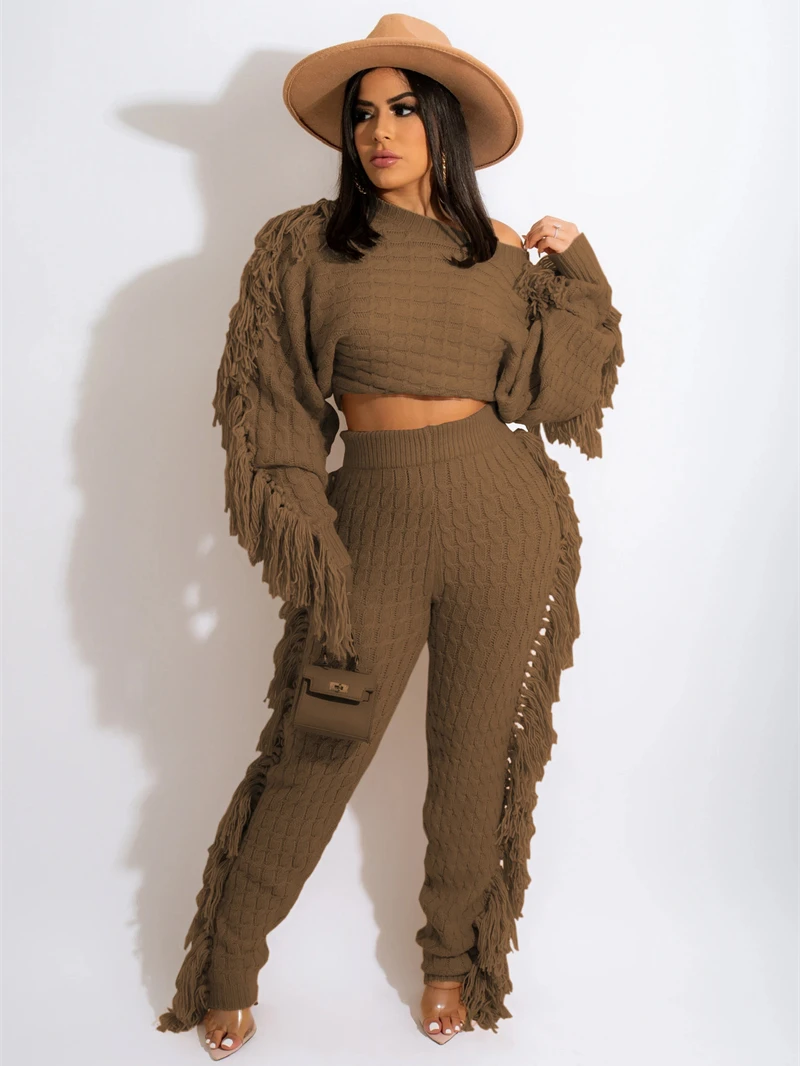 

Tassel Knit Ribbed Tracksuit Women Two 2 Piece Set Outfits Autumn Winter Clothes Pullover Sweater Top and Pants Suits Sweatsuits