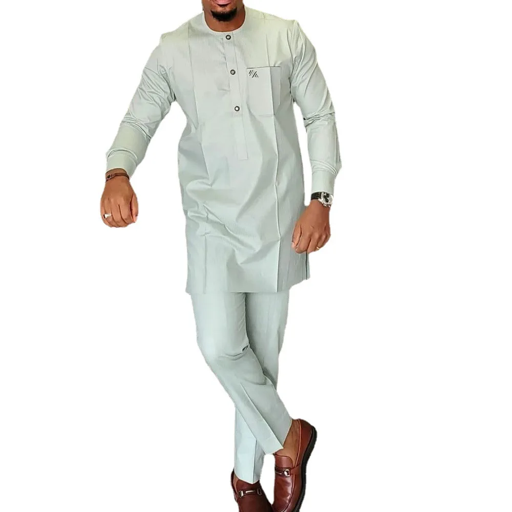 Muslim Fashion Men Suit Middle East Solid Color Simple African Casual Suit 2-piece Set Pakistan Islamic Clothing Jubba Men 2022
