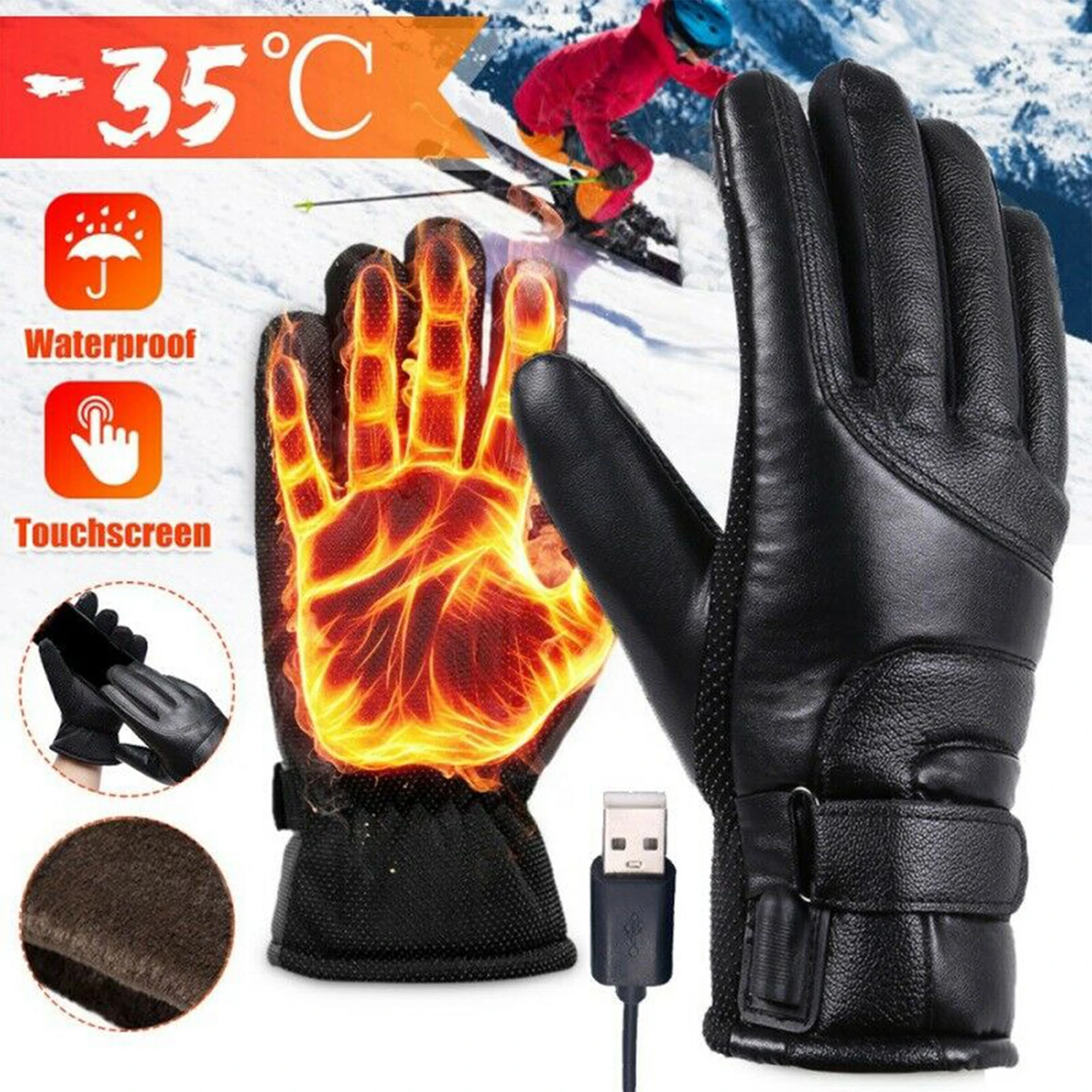 Heated Full Finger Mittens Touch Screen USB Electric Heating Gloves Windproof Constant Temperature for Skiing Riding Hiking