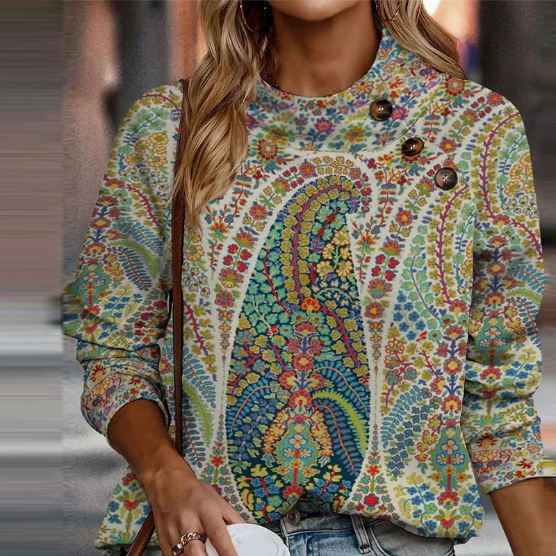 

Свитшот женский с воротником-стойкой, свободная повседневная Уличная одежда на пуговицах, топ с винтажным цифровым принтом и длинными рукавами, осень