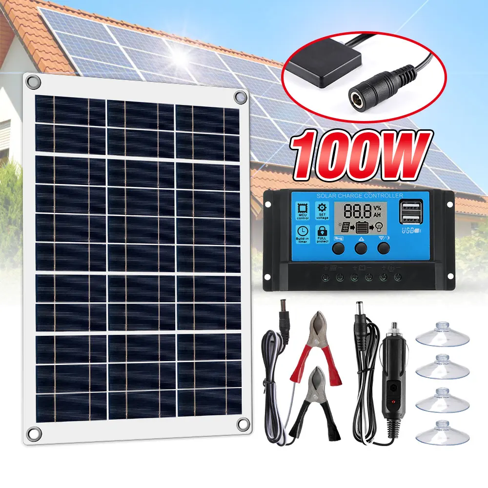 

100W 12V Solar Panel Kit Complete USB With 10-60A Controller Solar Cells for Car Yacht RV Boat Moblie Phone Battery Charger