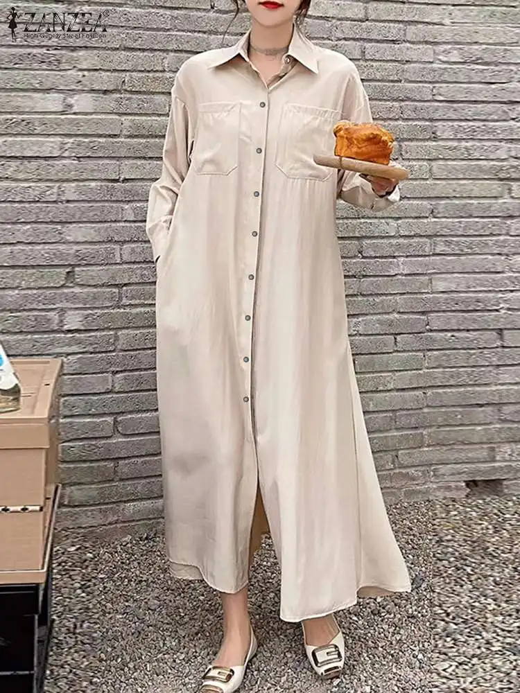 

Women Elegant Shirts Dress Bohemian Sundress ZANZEA Long Sleeve Loose Solid Maxi Long Vestidos 2022 Autumn Casual Robes Femme