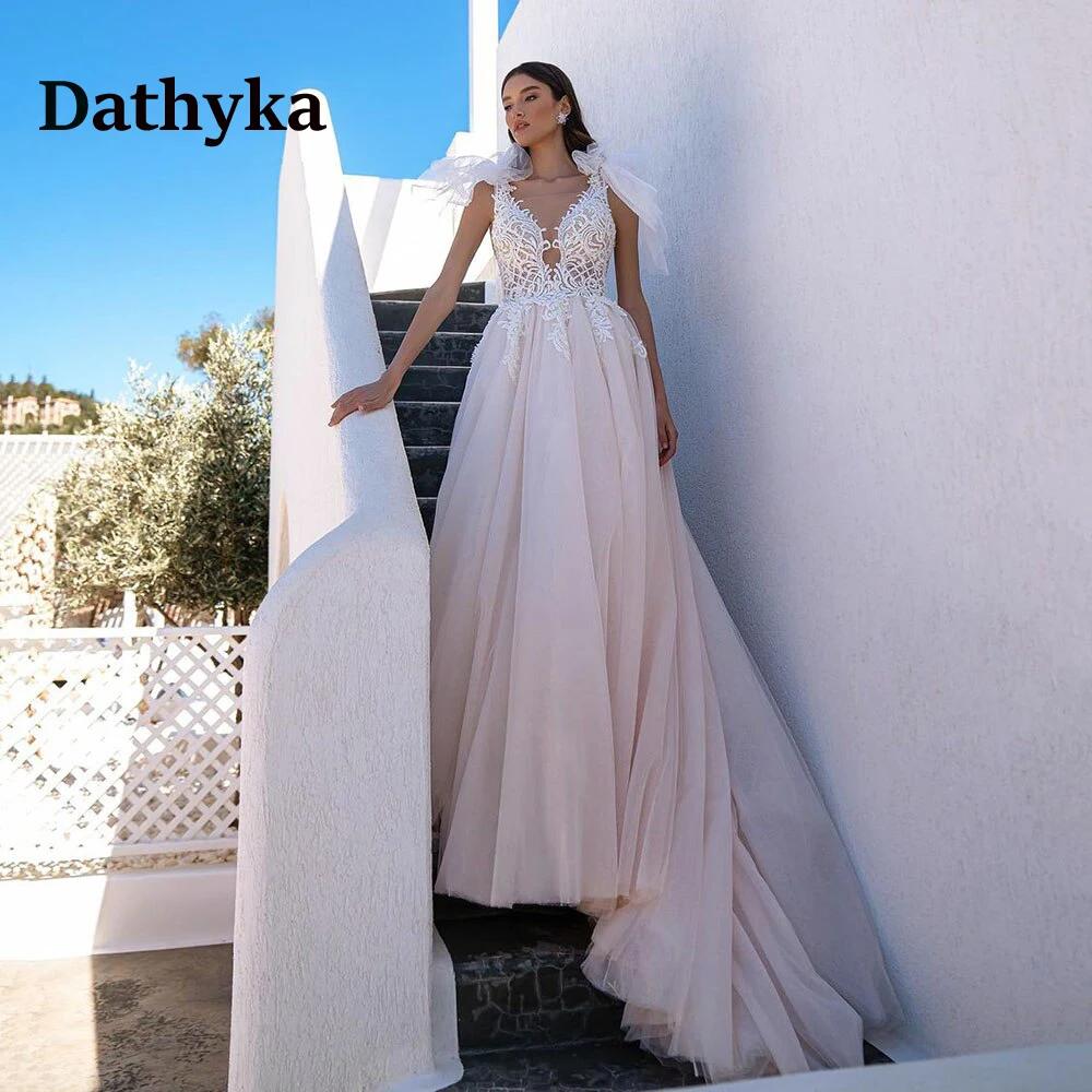 

Dathyka Luxury Bow Backless Wedding Dress For Women 2023 Scoop Lace Appliques A-LINE Wedding Gowns Vestidos De Novia Brautmode