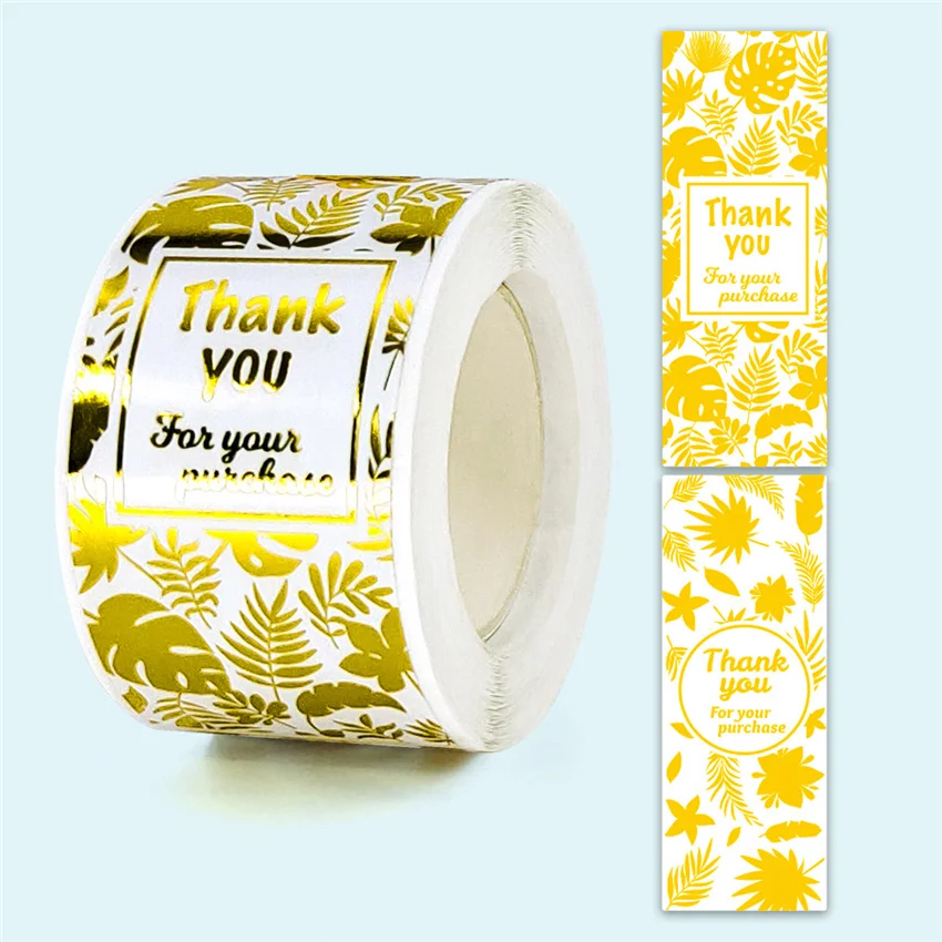 

120pcs/roll Gold Foil Thank You For Your Purchase Stickers Rectangle Leaves Seal Labels for Small Business Gift Package Weddings