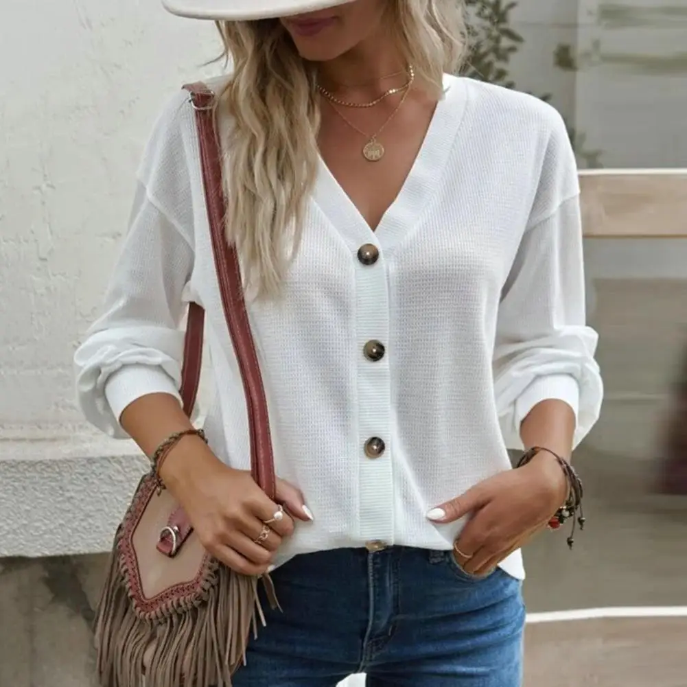 

Lady Autumn T-shirt Stretchy Blouse Stylish Women's V Neck Button Blouse Loose Fit Soft Warm for Fall Spring Fashion