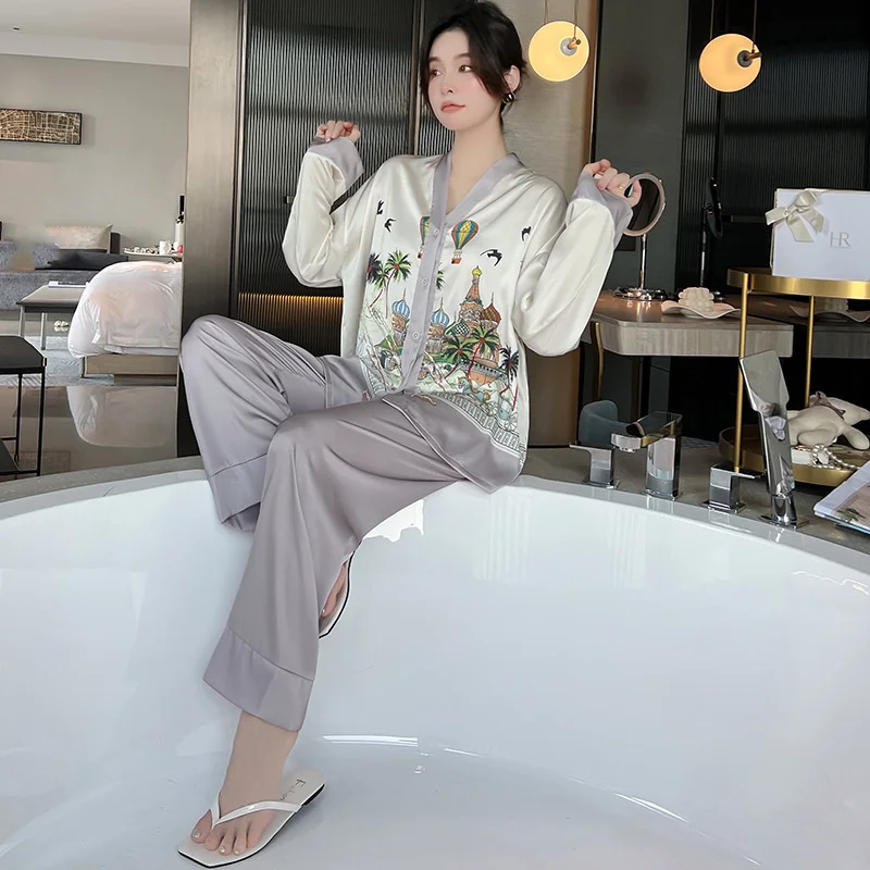 Lisacmvpnel 2022 New Spring Pajamas Women's Ice Silk Long Sleeve Suit Court Style Ice Silk Large Home Clothes