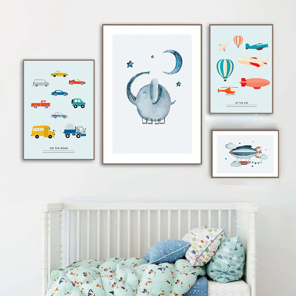

Nordic Nursery Poster Cartoon Car Airplane Bus Art Print Elephant Canvas Painting Wall Picture Baby Girl Kids Room Home Decor