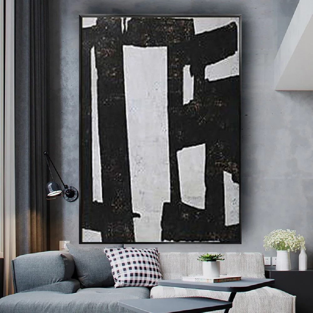 

Home wall painting decor picture modern Handmade abstract oil paintings black and white lines geometric pattern canvas painting