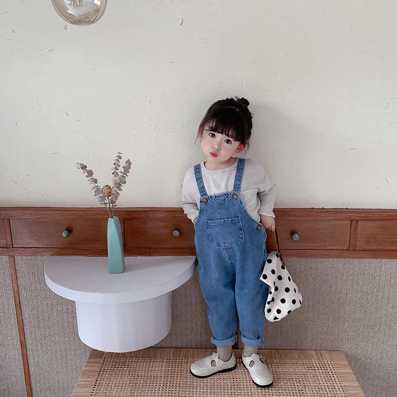 

2023 Spring Baby Girls Casual Denim Overalls Kids Boys Loose All-match Suspenders Pant